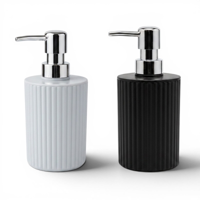 Picture of Modern Minimalist Ribbed Ceramic Soap Dispenser Set with Rust-Proof Silver Pump for Bathroom and Kitchen Organization Featuring Sleek Matte White and Black Textured Design to Enhance Your Contemporary Home Decor Style.