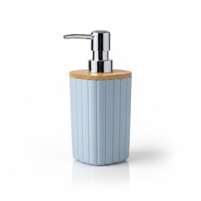 Picture of Elegant Light Blue Ribbed Soap Dispenser with Natural Bamboo Lid and Chrome Pump, Modern Refillable Liquid Hand Wash Bottle for Bathroom Vanity Decor, Minimalist 350ml Capacity Countertop Kitchen Sink Soap Container.