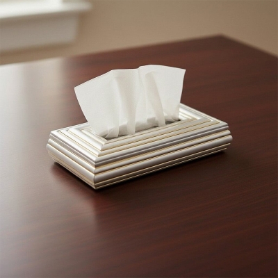 Picture of Luxury Silver Parallel Line Rectangular Tissue Box Cover for Elegant Home Decor, Modern Living Room Accessories, and Premium Office Tabletop Organization.