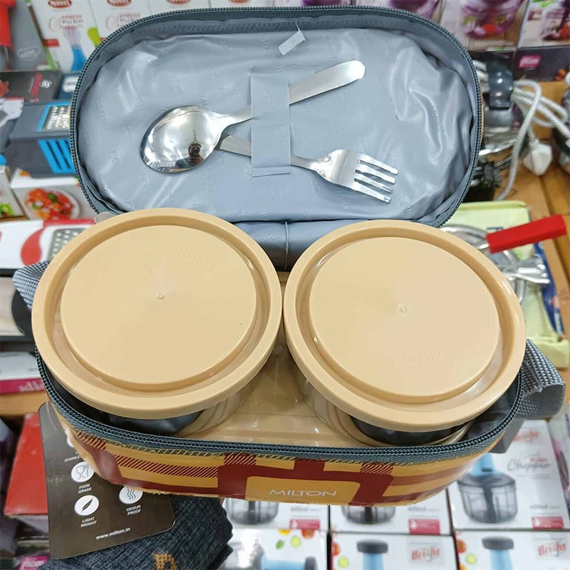Picture of Milton Corporate Lunch Box - Stainless Steel, Oval & Round Containers, Leakproof, Maroon, 3 pcs set+Bag and 2 pcs spoon