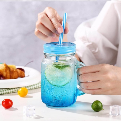 Picture of Drinking Glass with Handle and Lid 500 ml Colour Gradient Drinking Glasses Straw is RColourful Ice Cold Drink Glasses - Minimalistic Sophistication
