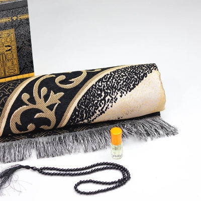 Picture of 1 pcs Premium Boxed Prayer Mat Black with Tasbeeh and Attar combo pack