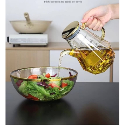 Picture of 700ml Home Creative Glass Diamond Oil Bottle with Scale and Handle Kitchen Soy Sauce Vinegar Condiment Storage Container