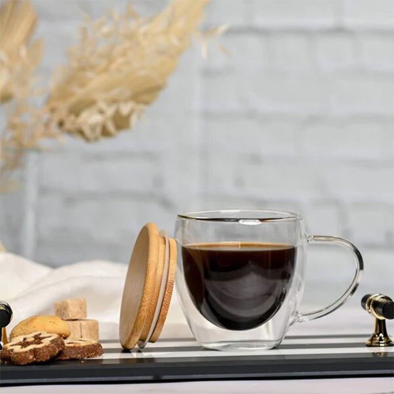 Picture of Double Wall Glass Coffee Mug with Bamboo Lid 250 ML