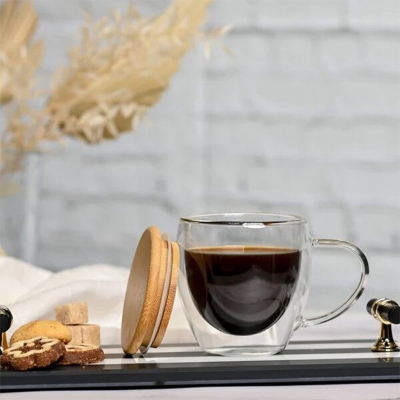 Picture of Double Wall Glass Coffee Mug with Bamboo Lid 250 ML
