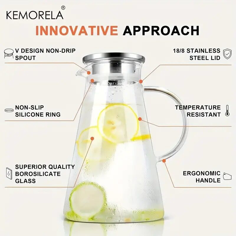 Picture of 1pc 1.8 Litter Glass Pitcher With Lid, Easy Clean Heat Resistant Glass Water Carafe With Handle For Hot/Cold Beverages, Water, Cold Brew, Iced Tea & Juice, For Home Restaurant Hotel Office, Drinkware Accessories