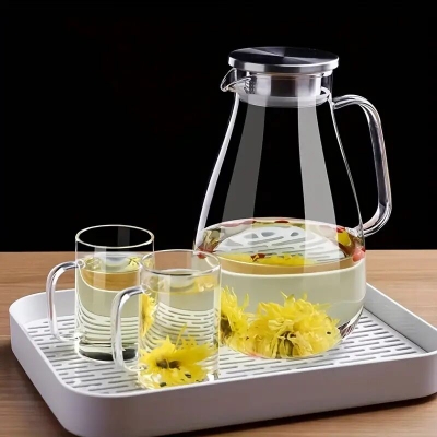 Picture of 1pc High Borosilicate Glass Pitcher With Stainless Steel Lid, Large Capacity,2000ML, Heat-Resistant, Transparent Water Jug For Tea & Juice, Home Beverage Carafe