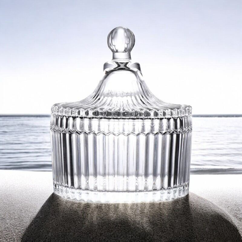 Picture of Amber Glass Storage Jar with Striped Design and Lid - Ideal for Snacks, Candy, Cosmetics, Jewelry, and Candle Storage