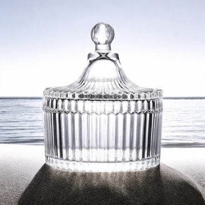 Picture of Amber Glass Storage Jar with Striped Design and Lid - Ideal for Snacks, Candy, Cosmetics, Jewelry, and Candle Storage
