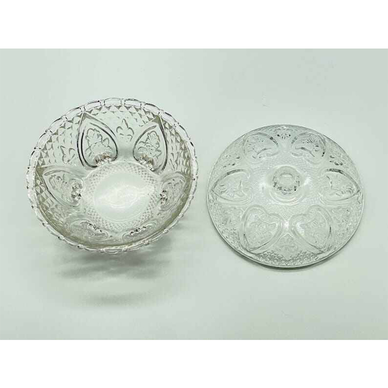 Picture of "Charming Pressed Glass Sugar Bowl with Lid, Featuring Hearts and Fleur de Lis Designs, Ideal for Candy Storage or Sugar Bowl, 1 Piece, Decorative and Functional for Any Kitchen or Dining Room"