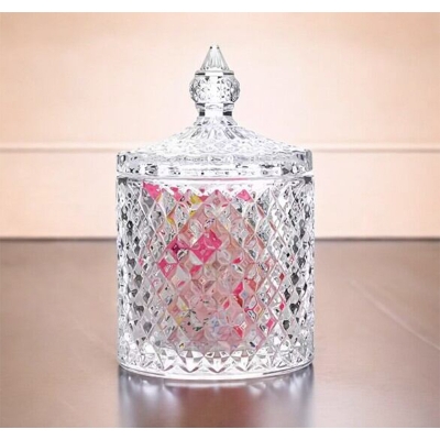 Picture of "Small Elegant Crystal Candy Box with Lid, Clear Soda Lime Glass for Candy, Spice, and Food Storage, Features Weave Design, Transparent for Easy Viewing, Includes Glass Lid, Ideal for Organizing Sweets, 1 Piece Mini Size"