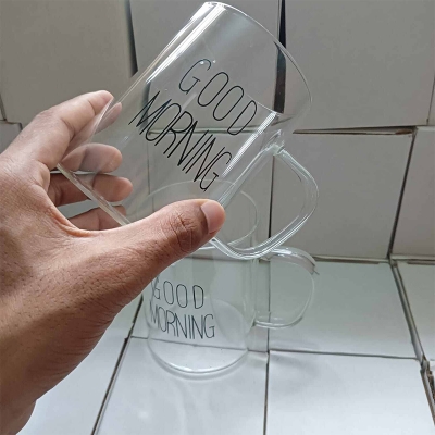Picture of Good Morning Printed Couple Mugs - 2pcs 450ml Clear Glass, Heat Resistant (Lid Not Included)