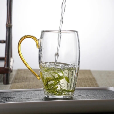 Picture of 330ml Borosilicate Glass Tea Cup - Clear, Heat Resistant, Fireproof, Lightweight with Golden Handle (1pc)