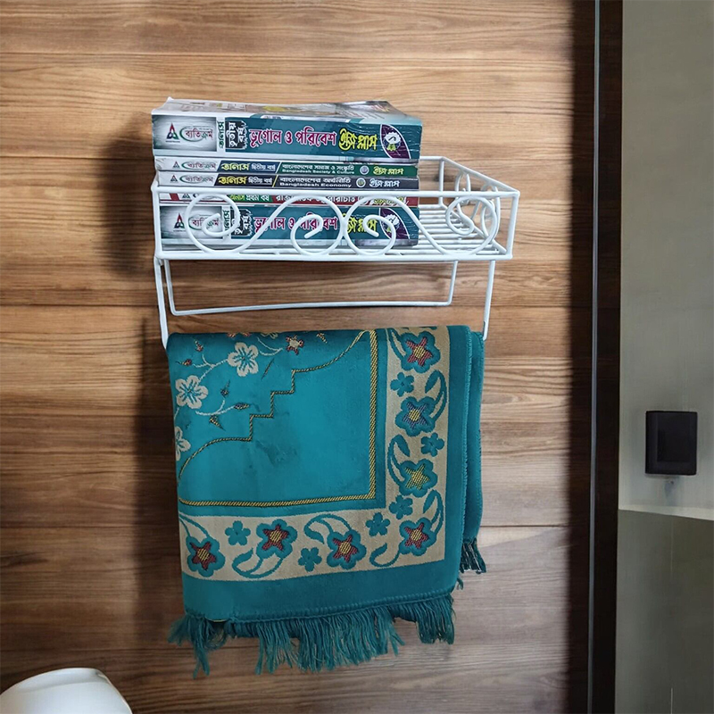 Picture of White Metal Quran Stand – Sturdy Iron Wall Shelf with 2 Jaynamaz Hangers – 14"x10"x2.8" for Home or Mosque