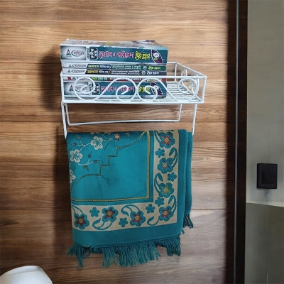 Picture of White Metal Quran Stand – Sturdy Iron Wall Shelf with 2 Jaynamaz Hangers – 14"x10"x2.8" for Home or Mosque