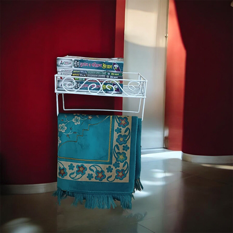 Picture of Elegant Quran & Book Display Stand – Sturdy White Metal Wall Shelf – Includes 2 Jaynamaz Hangers – Ideal for Religious Use