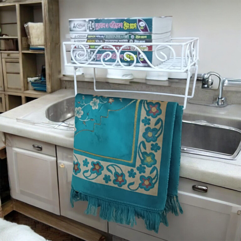 Picture of Elegant Quran Display Stand – White Metal Wall Shelf with 2 Jaynamaz Hangers – Ideal for Mosque or Home