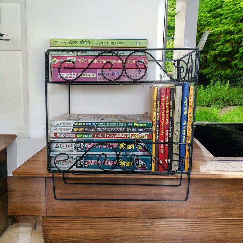 Picture of Black Metal Quran and Book Wall Stand with Jainamaz Hangers – 2-Layer, Ideal for Religious Display.