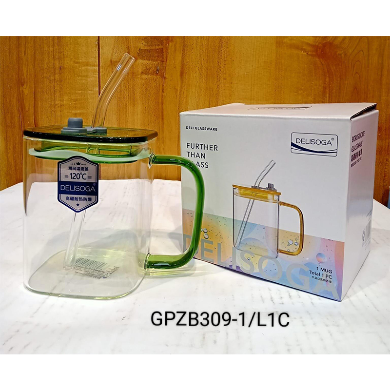 Picture of 490ml Clear Borosilicate Glass Tumbler with Multicolor Handle, Acrylic Lid & Straw – Microwave Safe, Scratch Resistant – Ideal for Milk, Coffee, Juice – 1PCS.
