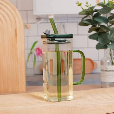 Picture of 400ml Square Glass Cup with Multicolor Handle, Acrylic Lid, and Straw – Borosilicate Glass, Microwave Safe, Scratch Resistant – Perfect for Coffee, Milk, Juice – 1PCS.