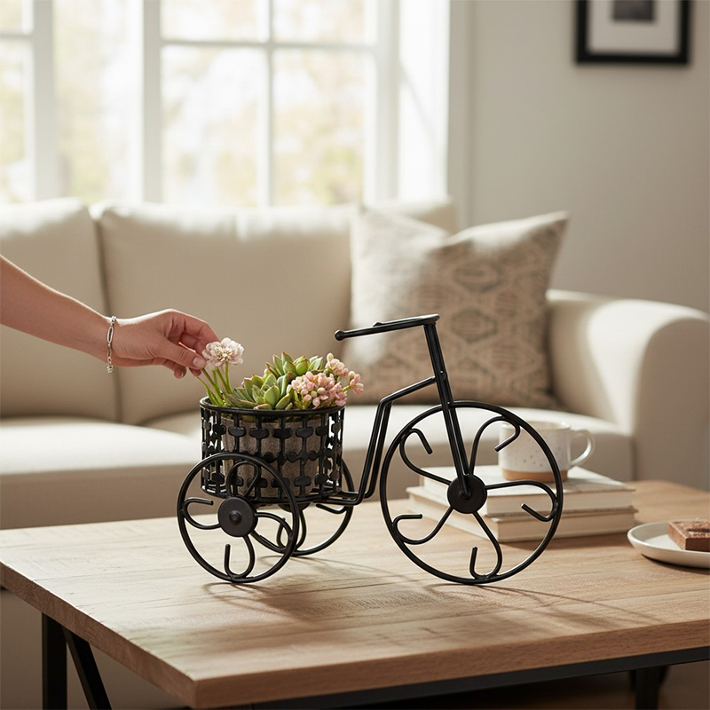 Picture of Vintage Black Metal Miniature Tricycle Decorative Stand and Desktop Organizer with Wire Mesh Basket for Home Office Tabletop Decoration Elegant Iron Bicycle Plant Holder for Small Succulents and Flower Pots.