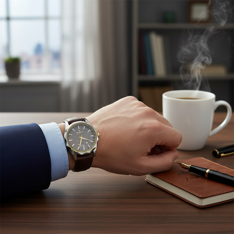 Picture of Premium Leather Men's Watch with Luxury Analog Dial Waterproof Design for Formal Occasions Stylish Quartz Wristwatch for Gents Genuine Leather Strap with Date Display
