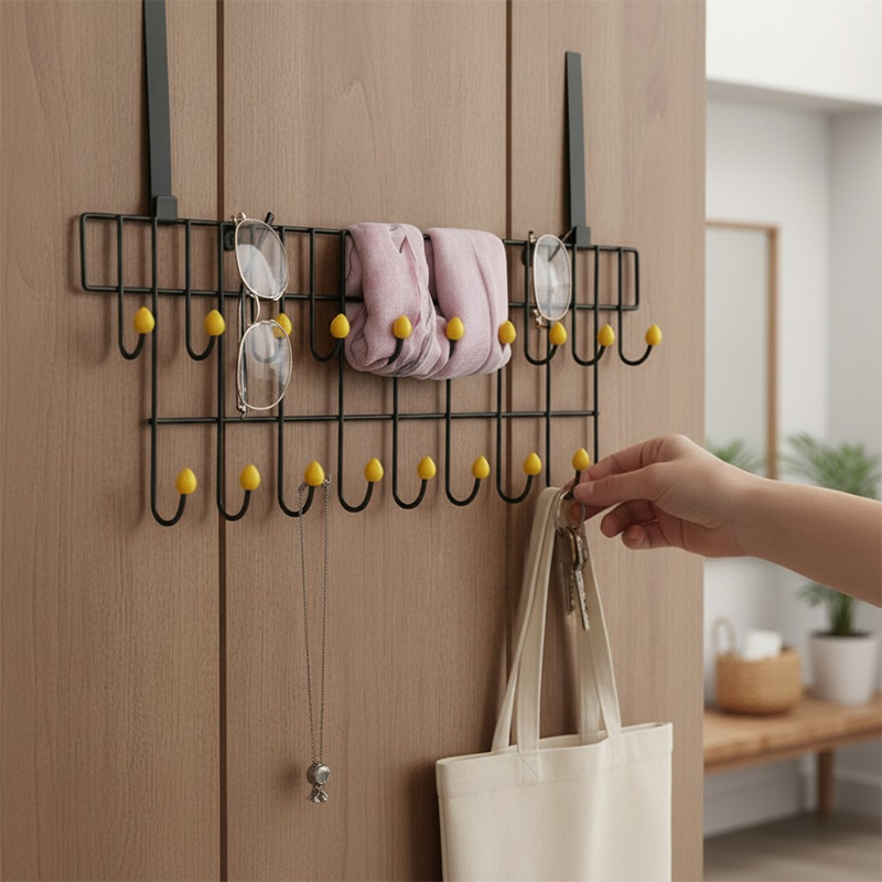 Picture of Heavy Duty Over The Door 19-Hook Hanger for Clothes Bags and Hats Stylish Black Metal Space Saving Organizer Rack for Bedroom Bathroom Kitchen Office No Drill Installation Required for Easy Storage.