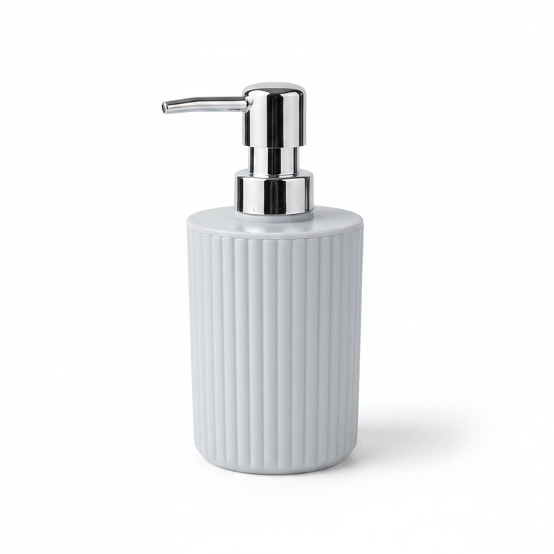 Picture of Modern Minimalist Ribbed Ceramic Soap Dispenser Set with Rust-Proof Silver Pump for Bathroom and Kitchen Organization Featuring Sleek Matte White and Black Textured Design to Enhance Your Contemporary Home Decor Style.