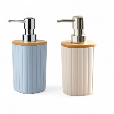 Picture of Elegant Light Blue Ribbed Soap Dispenser with Natural Bamboo Lid and Chrome Pump, Modern Refillable Liquid Hand Wash Bottle for Bathroom Vanity Decor, Minimalist 350ml Capacity Countertop Kitchen Sink Soap Container.
