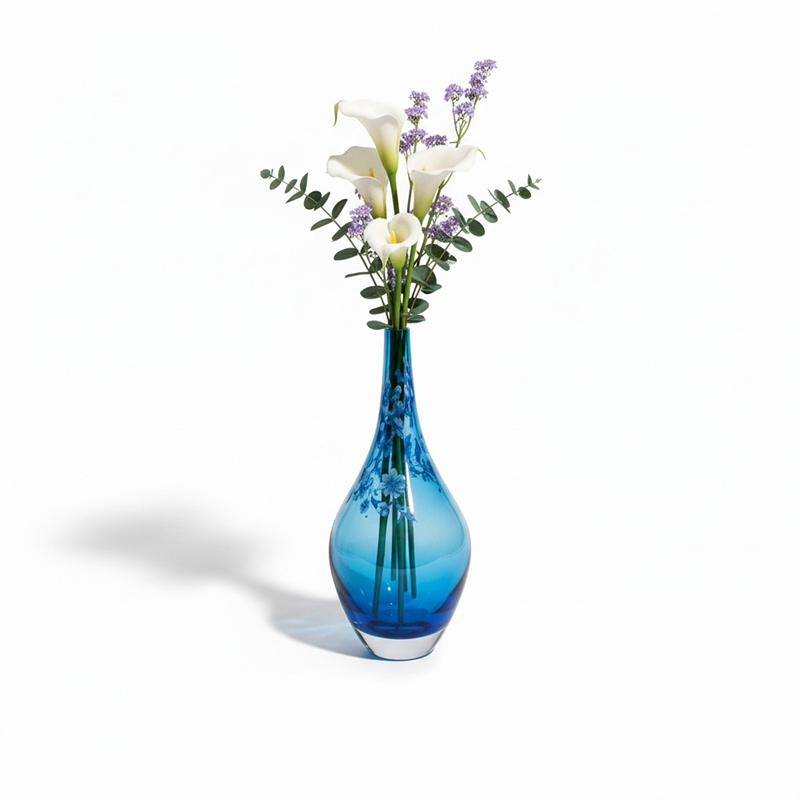 Picture of Authentic Vintage IKEA Salong Hand-Blown Blue Glass Bud Vase Designed by Johanna Jelinek Featuring Minimalist Mid-Century Modern Scandinavian Teardrop Silhouette with Thick Weighted Base for Elegant Decorative Floral Home Staging and Displays