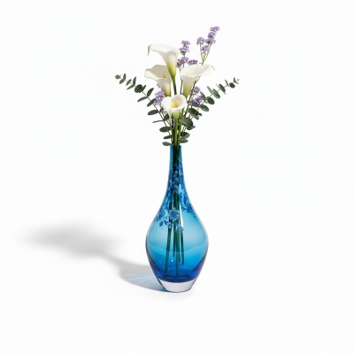 Picture of Authentic Vintage IKEA Salong Hand-Blown Blue Glass Bud Vase Designed by Johanna Jelinek Featuring Minimalist Mid-Century Modern Scandinavian Teardrop Silhouette with Thick Weighted Base for Elegant Decorative Floral Home Staging and Displays