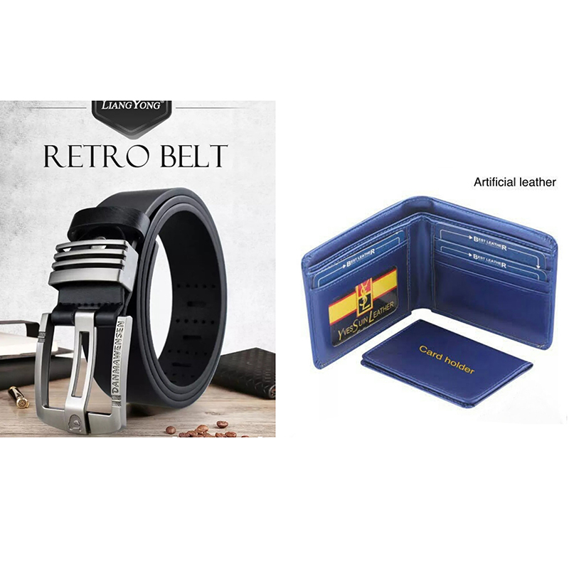 Picture of Black Belt  Silver Bockle and YSL Blue  Wallet Combo Offer Fore Men (Black,Int: One size)