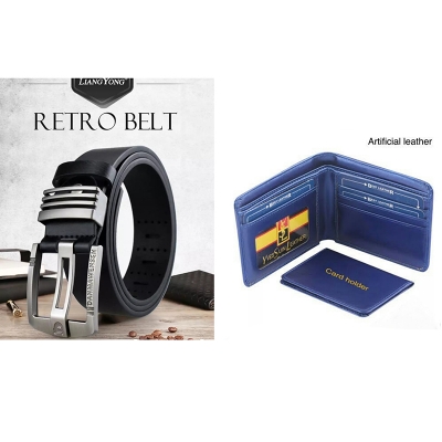 Picture of Black Belt  Silver Bockle and YSL Blue  Wallet Combo Offer Fore Men (Black,Int: One size)