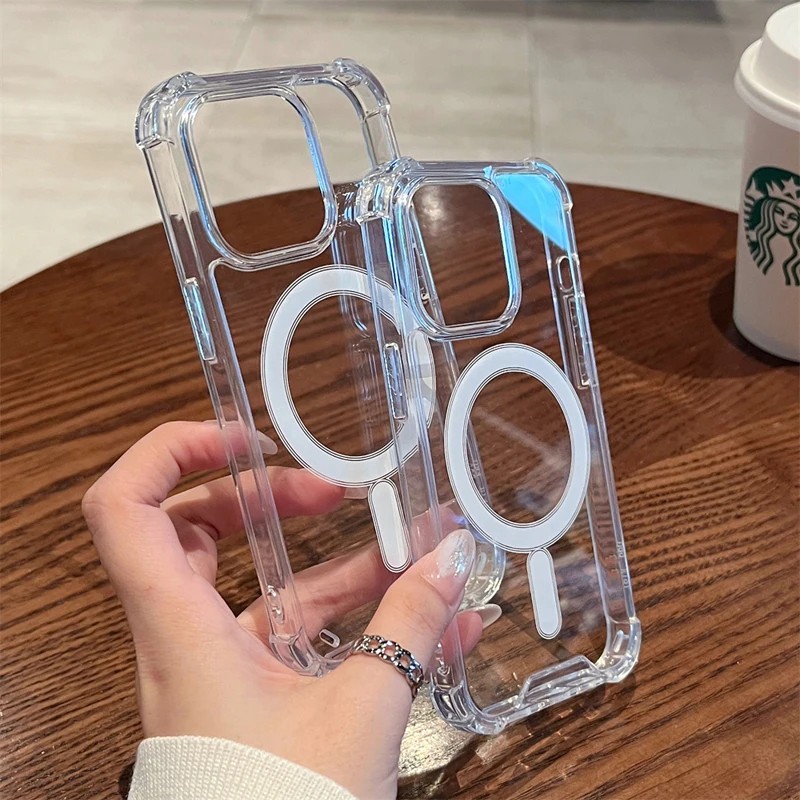 Picture of For Apple iPhone 15 15 Pro 15 Pro Max Magsafe Airbag Magnetic Wireless ShoockProof Anti-Drop Transparent Back Cover Case