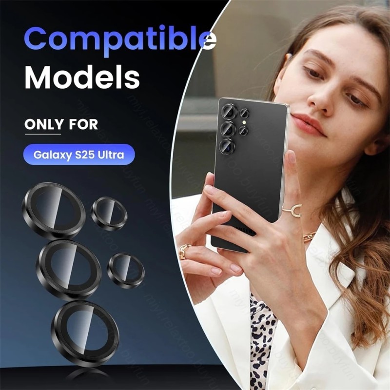 Picture of For Samsung Galaxy S25 Ultra HD Camera Protector Ring Aluminium and Tempered Glass-Black