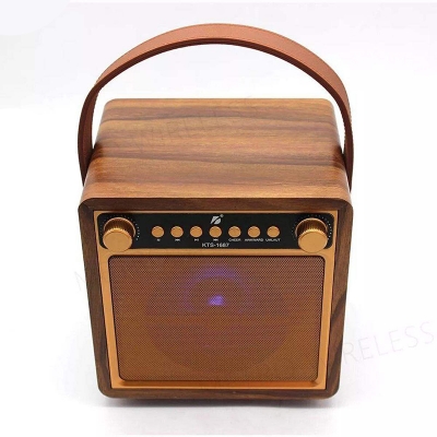 Picture of KTS-1687 Vocal Singing Home KTV Party Rechargeable Wireless Wooden FM Radio Mic Belt Handle Portable Karaoke Box BT Speaker Gold