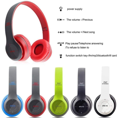Picture of P47 Bluetooth Over Ear Foldable Headset With Microphone Stereo Earphones 3.5Mm Audio Support Fm Radio Tf For Pc Tv Smart Phones & Tablets Blue