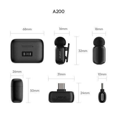 Picture of ULANZI A200 Mini Mic Wireless Lavalier Lapel Microphone for iPhone 17/16/15 Type-C, 48kHz/24-bit, Plug & Play, Smart Noise Cancelling, Digital Display, 30H Battery for Video Recording Black