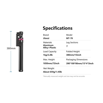Picture of ULANZI MT-78 Extendable Phone Tripod, 72.83" Selfie Stick Phone Camera Tripod Stand with 2 in 1 Phone Clip, 360° Ball Head Camera Tripod with Cold Shoe for iPhone Sony Canon, Lightweight for Travel Black