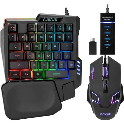 Picture of One Handed Half Keyboard Mouse USB Spilitter Type-C Adapter Gaming Combo with RGB LED Backlit  4 Port Adapter Mini Size Small Wired Set Black