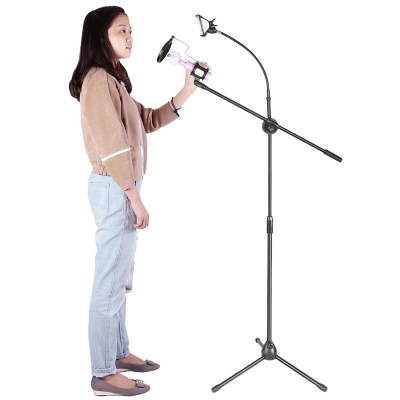 Picture of Metal Microphone Floor Stand with Boom Arm 360° Rotating Phone Holder Black