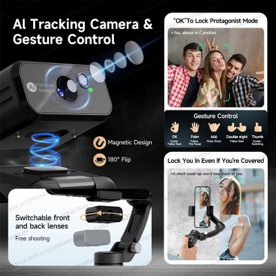 Picture of TOKQI M03 Handheld Gimbal 3-Axis AI Tracking Stabilizer with Wireless Microphone for Smartphones Shooting Vlog, with Fill Light Black