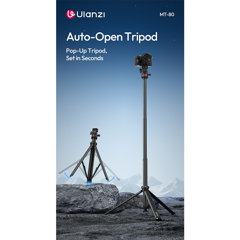 Picture of ULANZI MT-80 Aluminum Tripod Stand, 7FT Extendable Camera Phone Tripod for Travel, Auto Pop-Up, 1/4" Screw, 360 Ball Head Portable Photo Video Light Stand for DSLR Camera, Ring Light, Video Rig Black