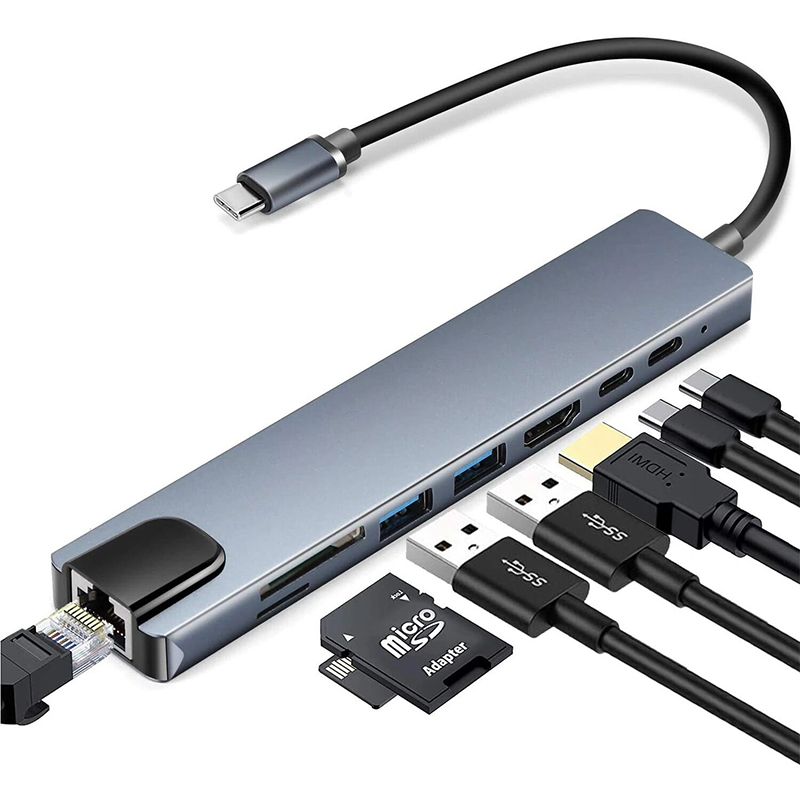 Picture of USB C Hub Docking Station 8 In 1 Type C Hub USB C Dongle With HDMI 4K - Enhance Your Connectivity With This Versatile 8-In-1 USB C Hub - Grey