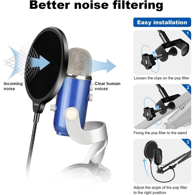 Picture of Professional Microphone Pop Filter Mask Shield Dual Layered Wind Pop Screen With Flexible 360° Gooseneck Clip Stabilizing Arm Black