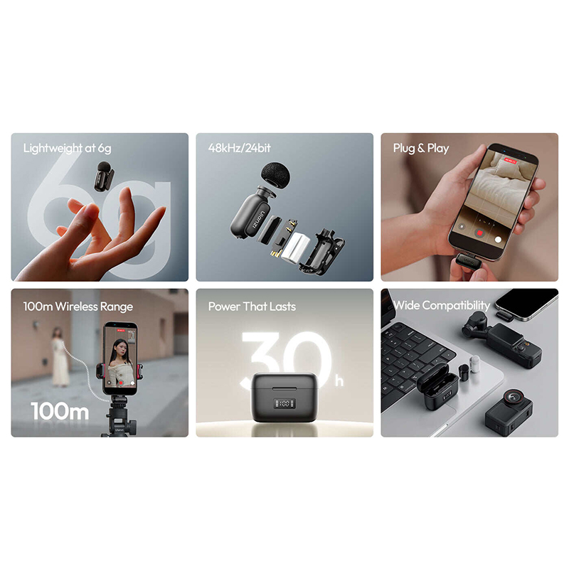 Picture of ULANZI A200 Mini Mic Wireless Lavalier Lapel Microphone for iPhone 17/16/15 Type-C, 48kHz/24-bit, Plug & Play, Smart Noise Cancelling, Digital Display, 30H Battery for Video Recording Black