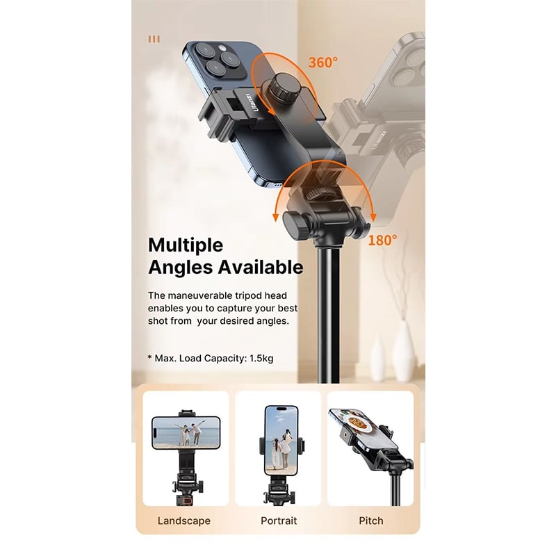 Picture of Ulanzi TB64 1.6M Metal Selfie Stick Tripod Stand /Kit for iPhone Android Extendable Camera Tripod with 1/4" Screw Cold Shoe Live Black