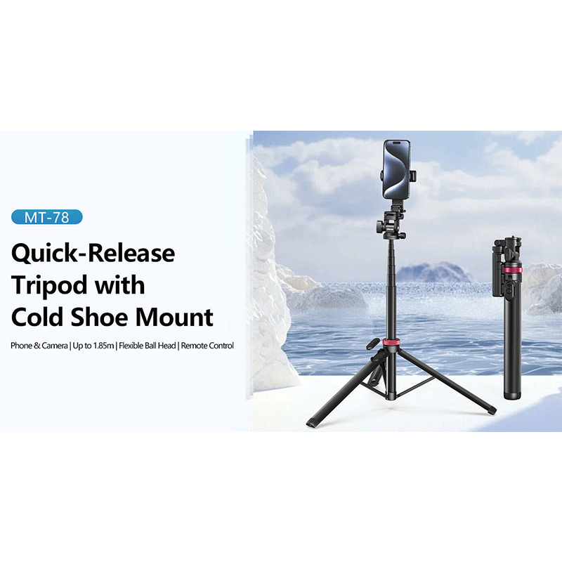 Picture of ULANZI MT-78 Extendable Phone Tripod, 72.83" Selfie Stick Phone Camera Tripod Stand with 2 in 1 Phone Clip, 360° Ball Head Camera Tripod with Cold Shoe for iPhone Sony Canon, Lightweight for Travel Black