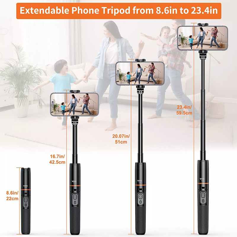Picture of VRIG TP-19 Extendable Selfie Stick Tripod for Phone Maximum Length 59.5cm / 23.4 in with Remote Shutter Phone Tripod Hidden Mount Black