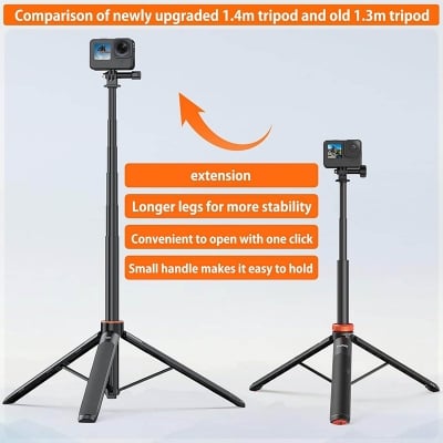 Picture of VRIG TP21 Extendable Selfie Stick Tripod for GoPro Max Hero 10 9 8 7 6 5 4, DJI Osmo Action, Insta 360 One R and More Action Camera（55.1''） Black